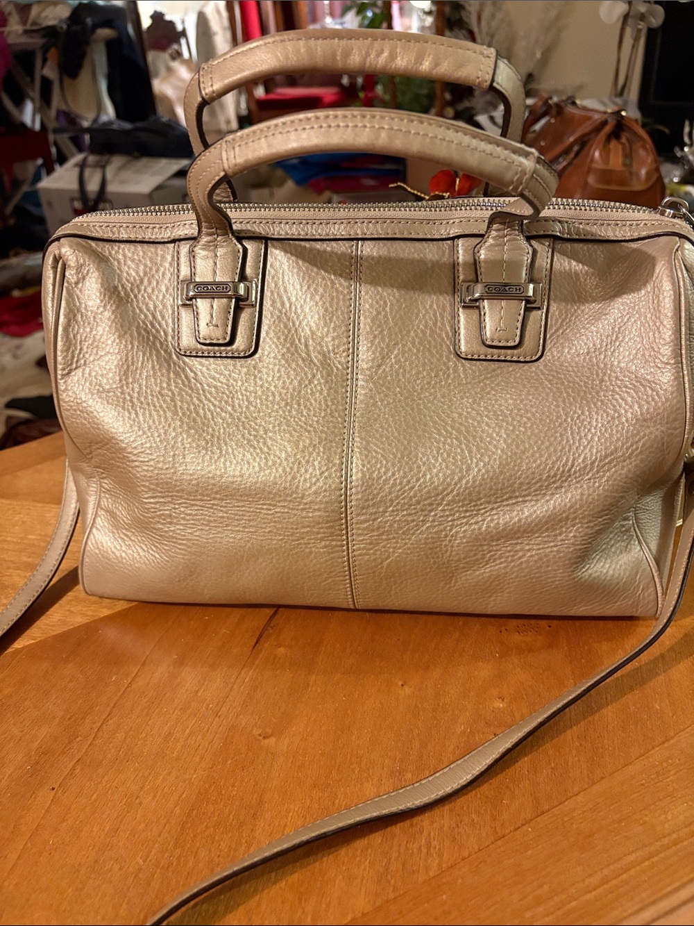 Coach Metallic Pearl Leather Satchel in Light Gold-Taupe